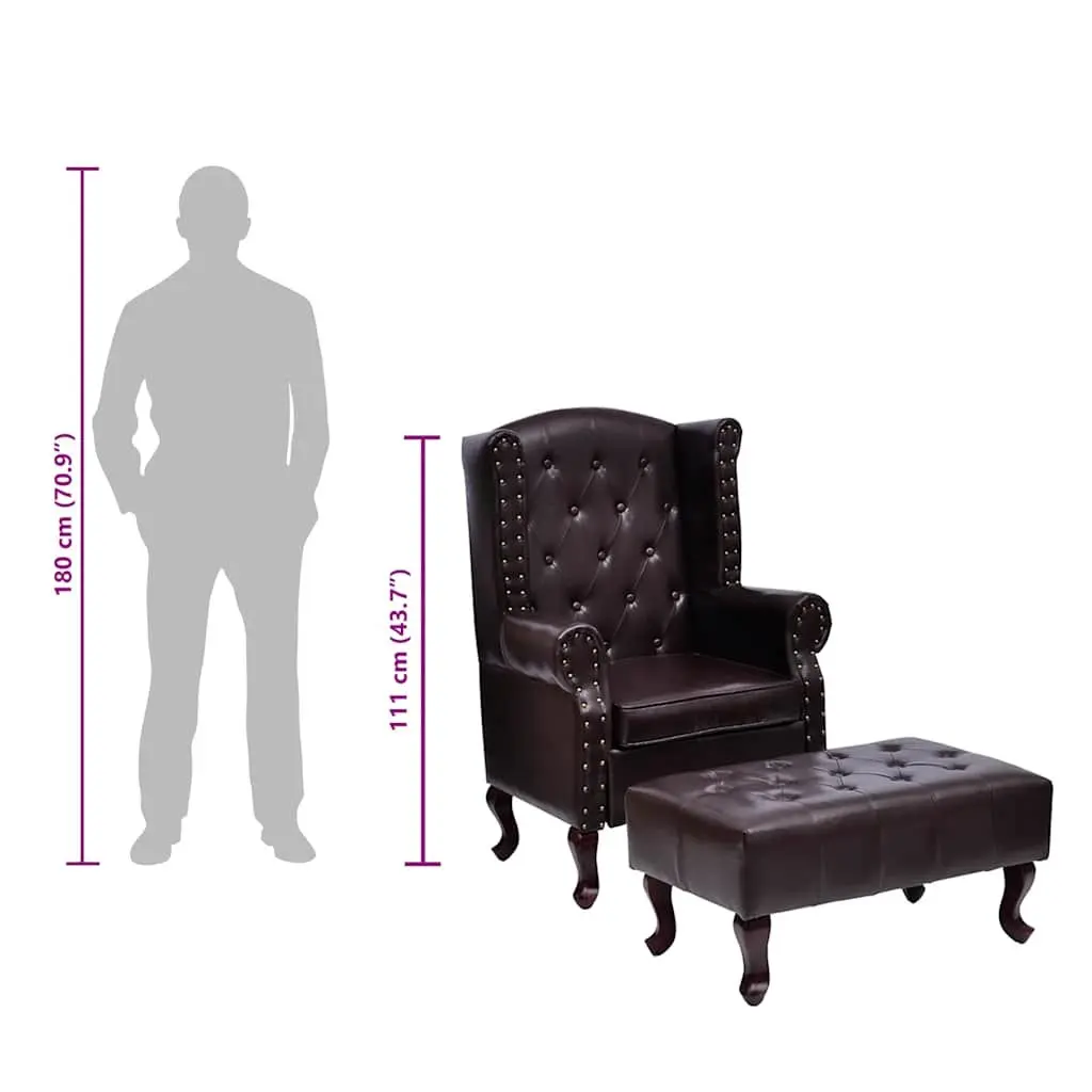Brown Chesterfield Armchair with Footstool, Button Tufted