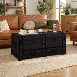 Vintage Black Wooden Storage Chest with Latch Handles