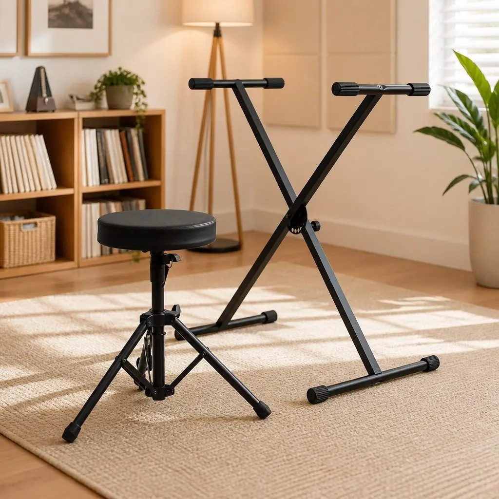 Adjustable Keyboard Stand and Stool Set Steel Black