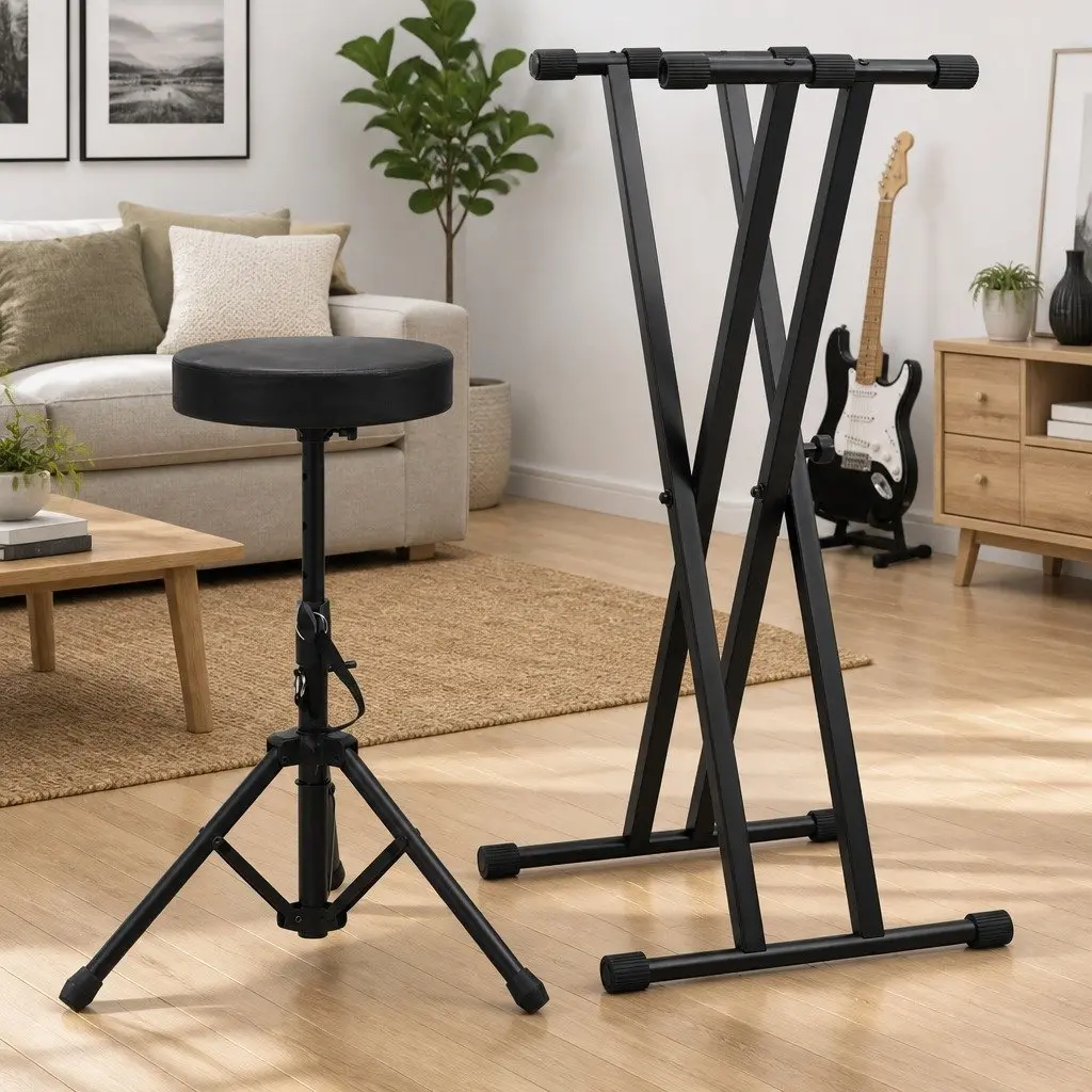 Keyboard Stand and Stool Set Steel Adjustable Foldable Black