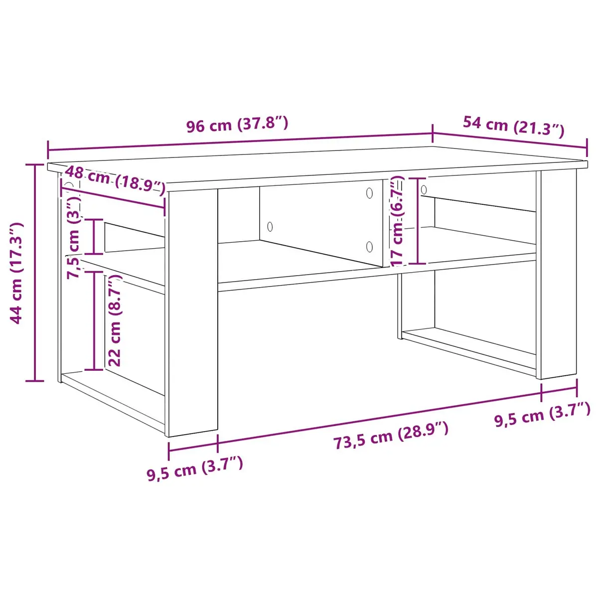 White Coffee Table with Storage Shelves 96x54x44cm