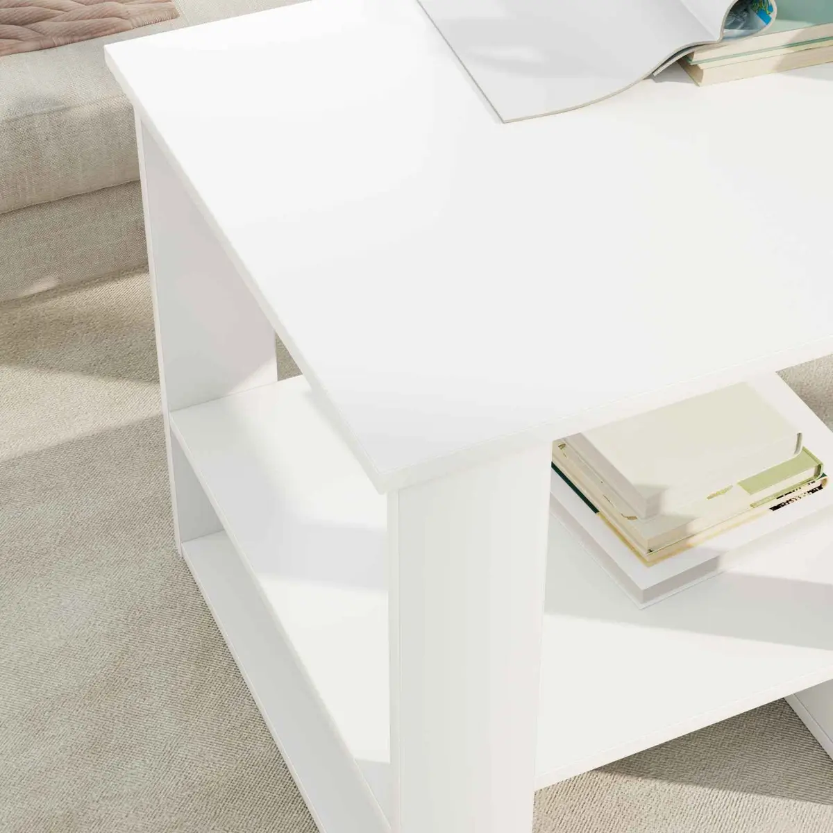 White Rectangular Coffee Table with Integrated Storage