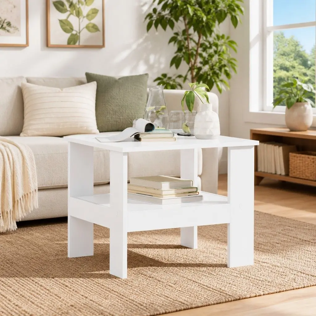 White Coffee Table with Storage Shelves 57x55x45cm