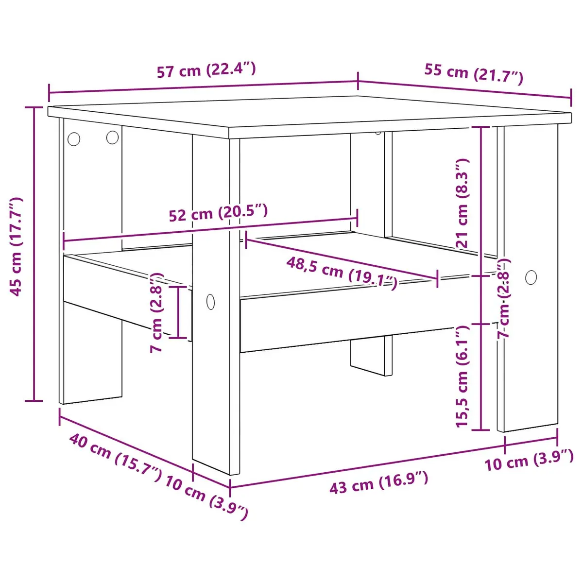 White Coffee Table with Storage Shelves 57x55x45cm