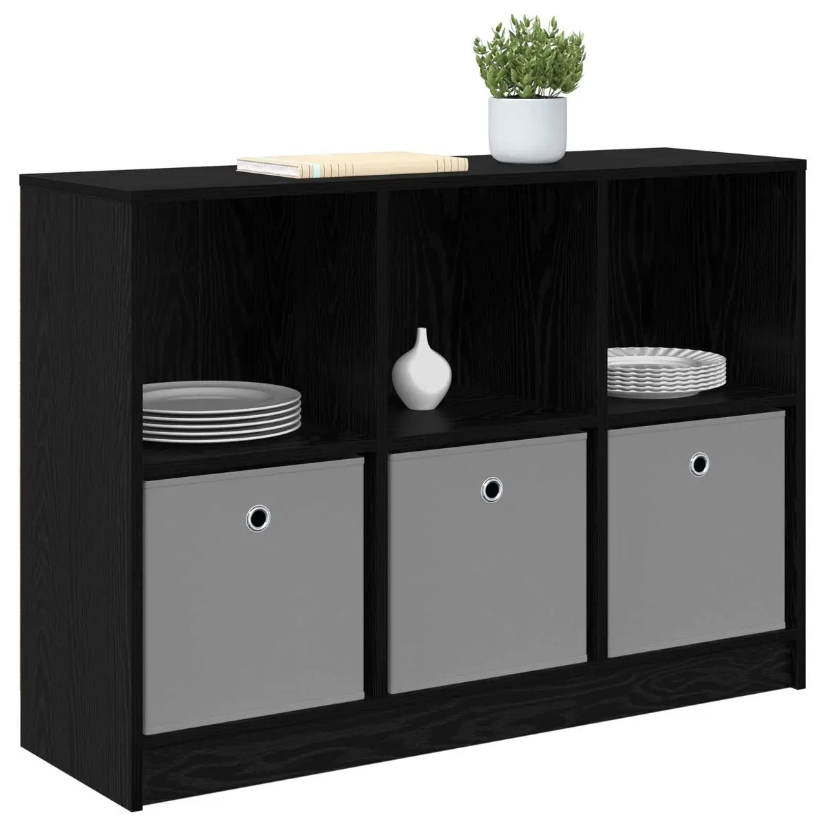 Black Oak Sideboard Storage Cabinet with Shelving