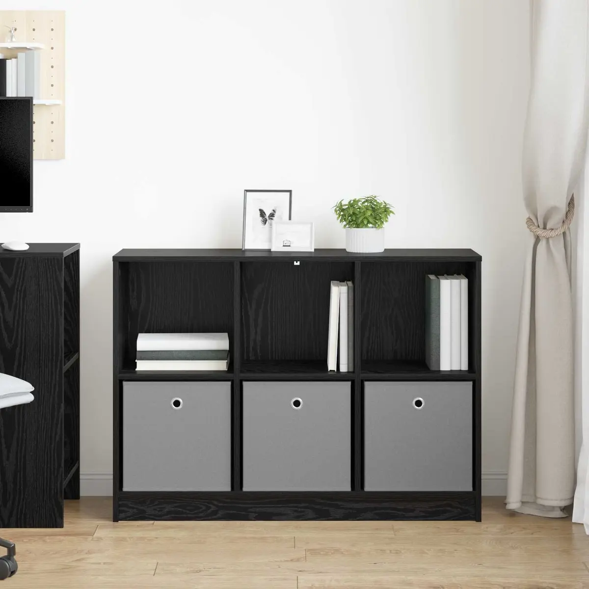 Black Oak Sideboard Storage Cabinet with Shelving