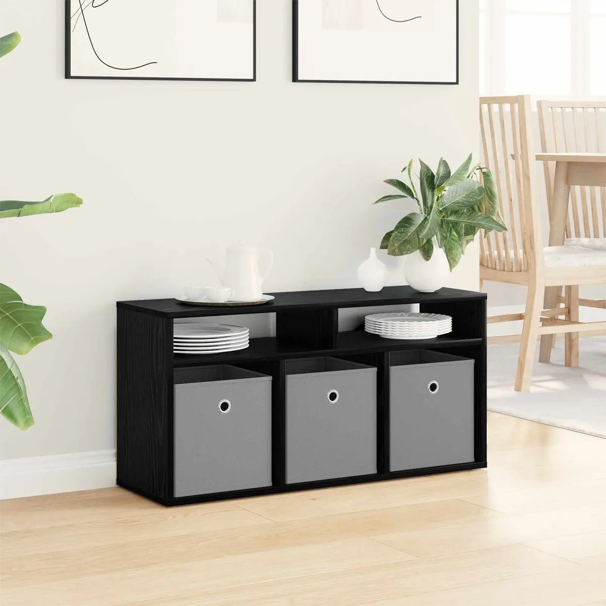 TV Stand Engineered Wood 87cm Black Oak Modern Lowboard Living Room Storage Cabinet