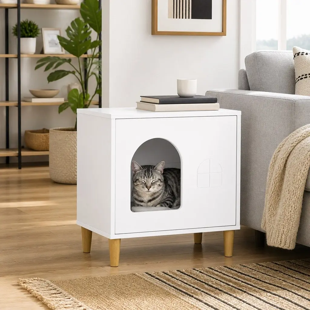 Modern Cat House White 51 x 30 x 52 cm Indoor Kitten Shelter Furniture Hideaway