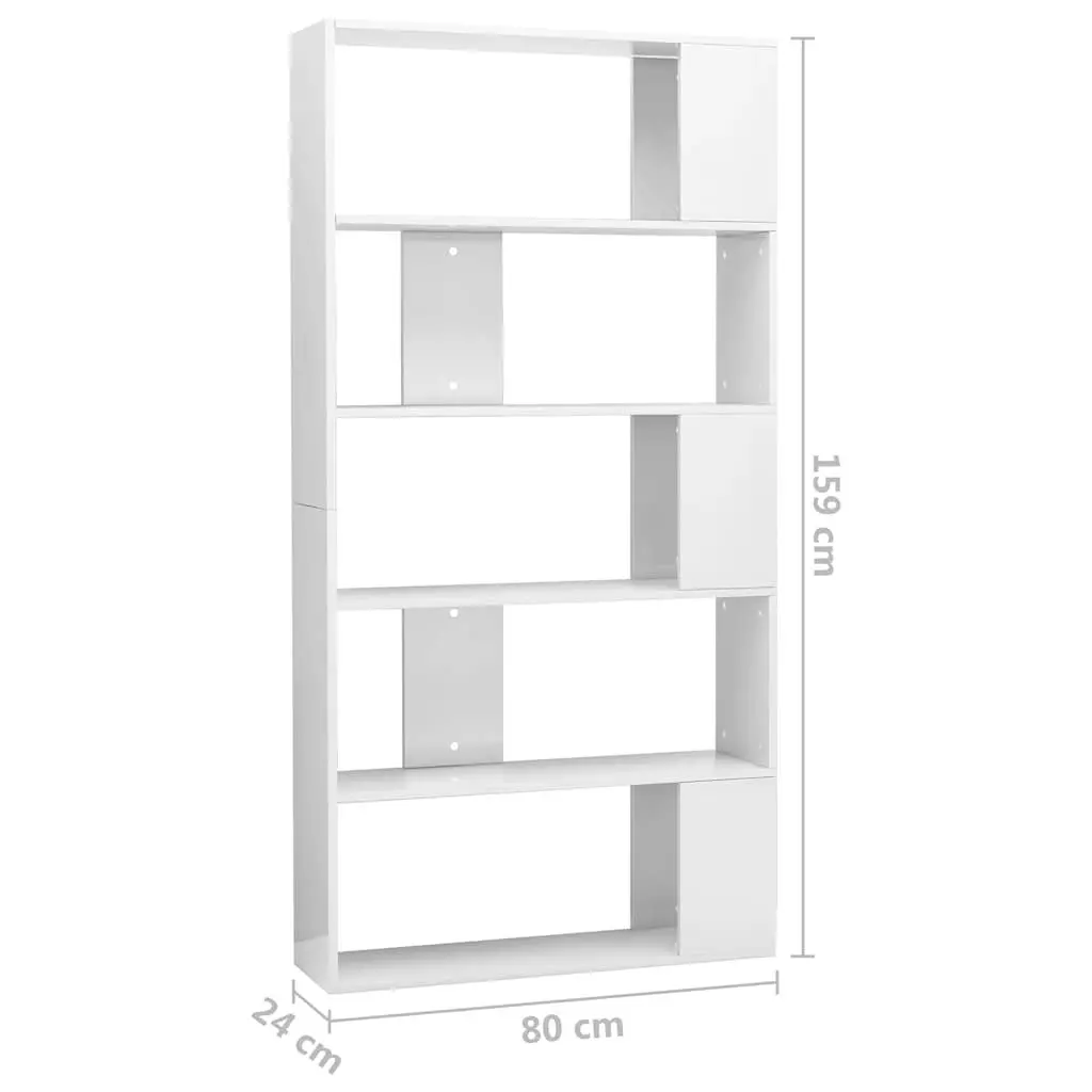 5-Shelf White Gloss Book Cabinet for Storage and Division