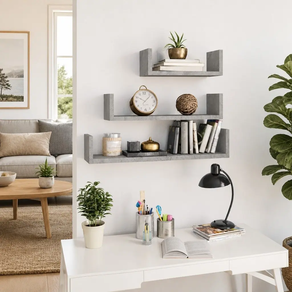 Grey Engineered Wood U-Shaped Wall Display Shelves