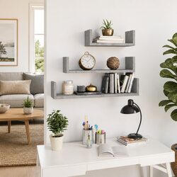 Durable Grey Engineered Wood U-Shaped Wall Display Shelves