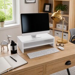 White Engineered Wood Monitor Stand with Storage Shelf