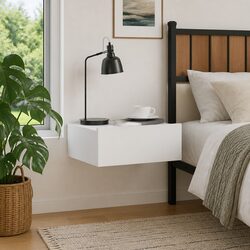 Floating Bedside Table White Wall-Mounted Nightstand Storage Drawer Compact
