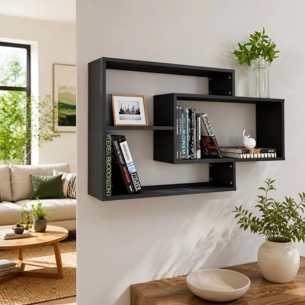 Wall Shelves Engineered Wood Grey 104x20x58.5 cm Open Compartment Storage Display Shelving Unit