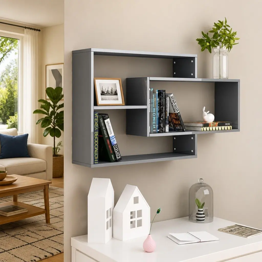 Wall Shelves Grey High Gloss Storage Display Unit Open Compartments Home Office