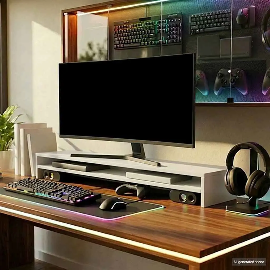 Monitor Stand White Desk Riser Organiser Shelf Home Office Gaming Workstation