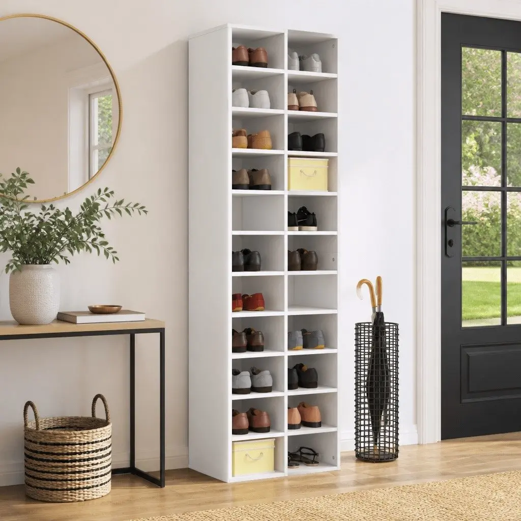White Shoe Cabinet 54x34x183cm with 22 Compartments