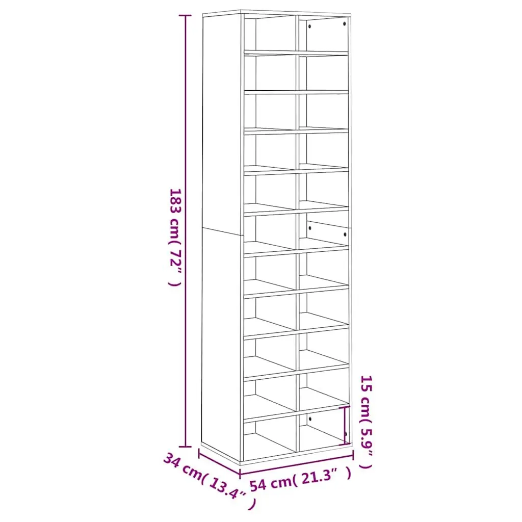White Shoe Cabinet 54x34x183cm with 22 Compartments
