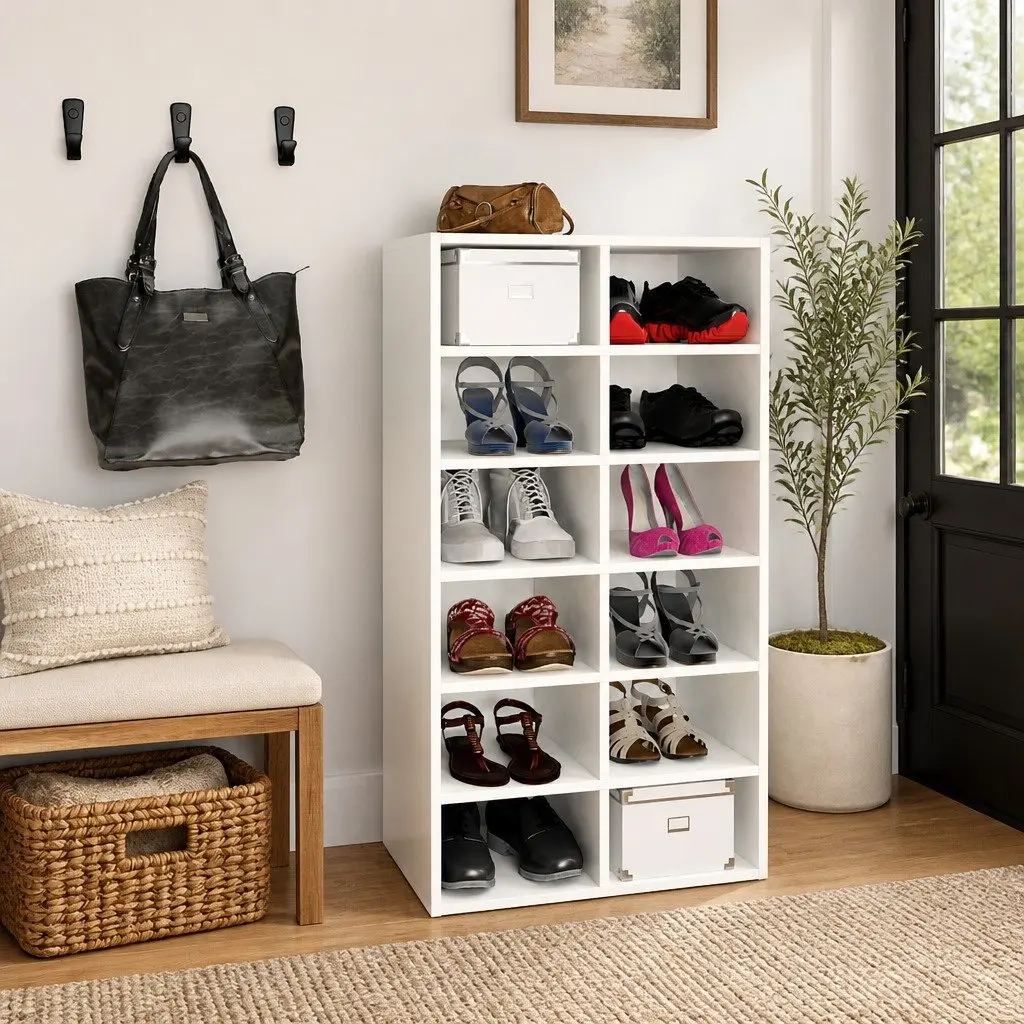 White Shoe Rack with 12 Compartments for Organized Storage