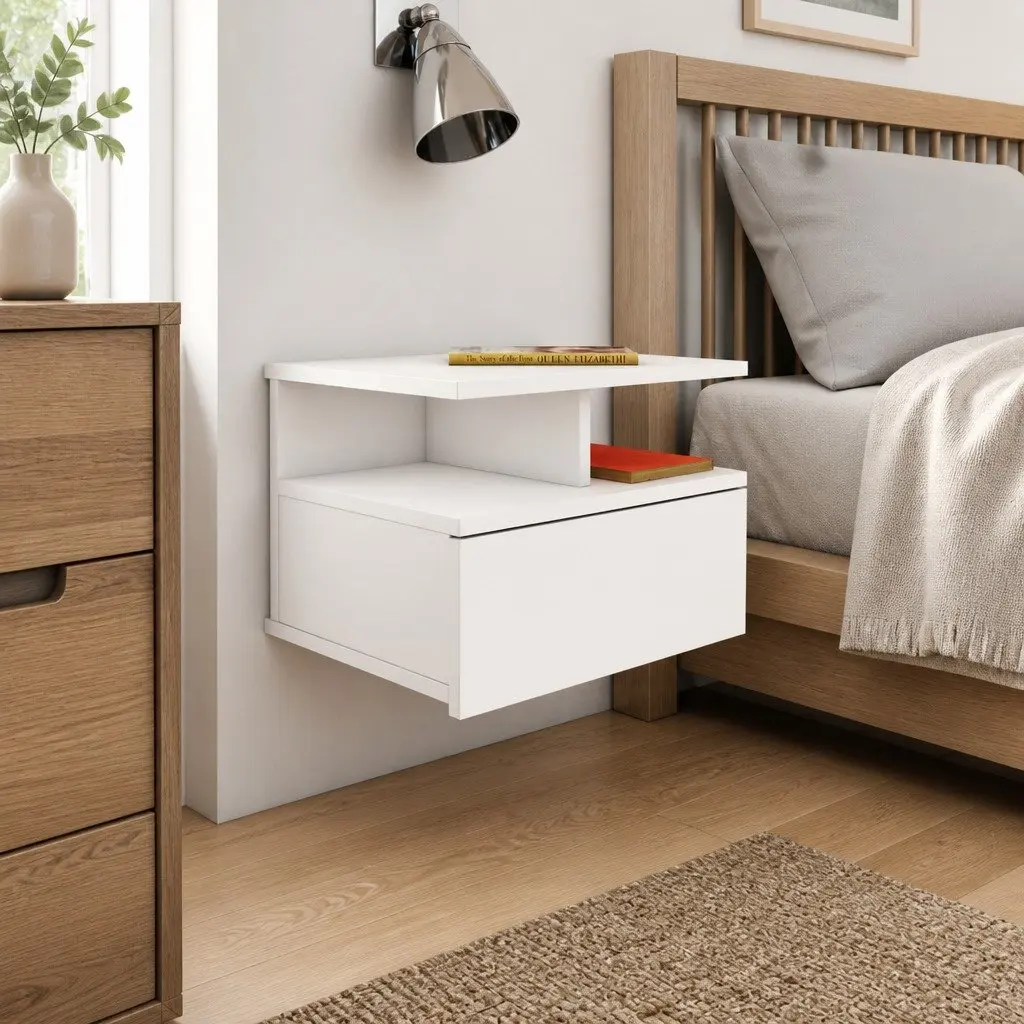 White Floating Nightstand with Integrated Drawer