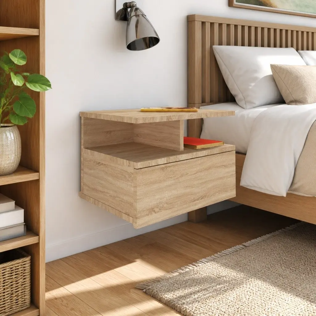 Sonoma Oak Floating Bedside Table with Storage Compartment