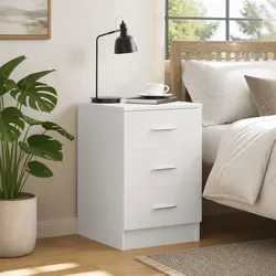 Elegant White Bedside Cabinet with 3 Drawers in Engineered Wood