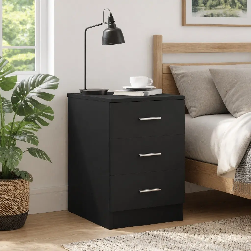 Black 3 Drawer Nightstand for Storage