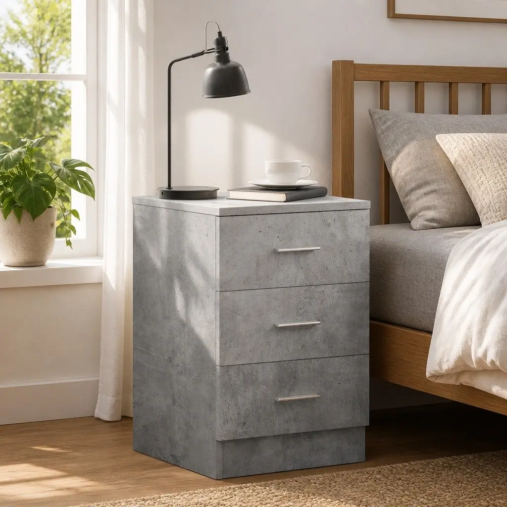 Grey 3-Drawer Bedside Cabinet for Sturdy Storage