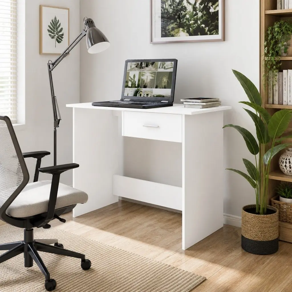 White Office Desk with Integrated Drawer