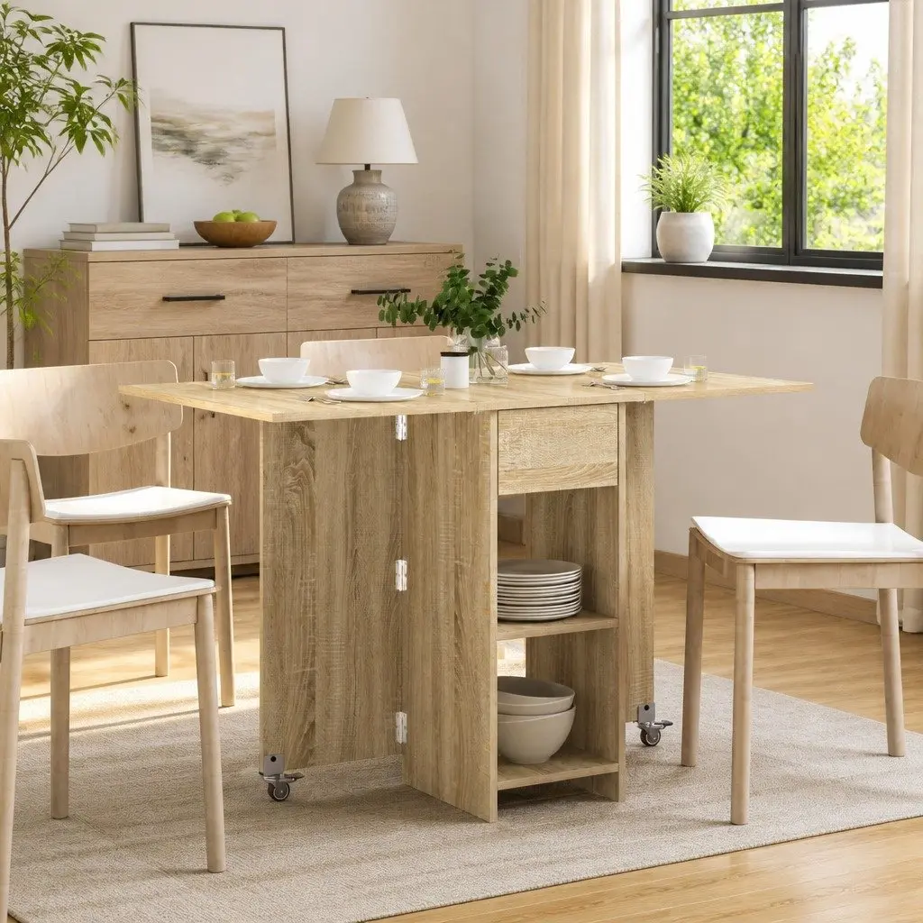 Folding Dining Table 115x70x75cm with Storage Shelves