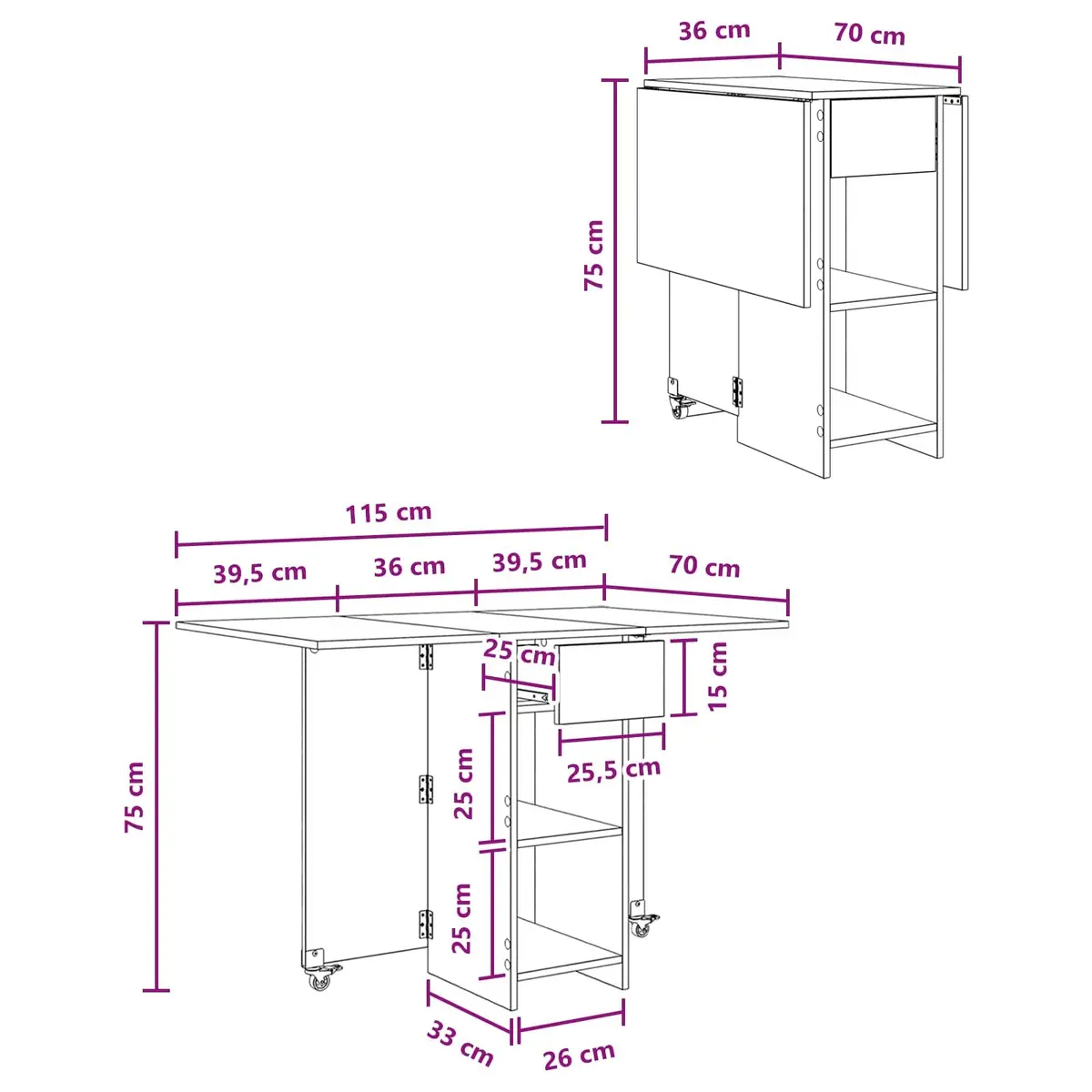 Folding Dining Table 115x70x75cm with Storage Shelves