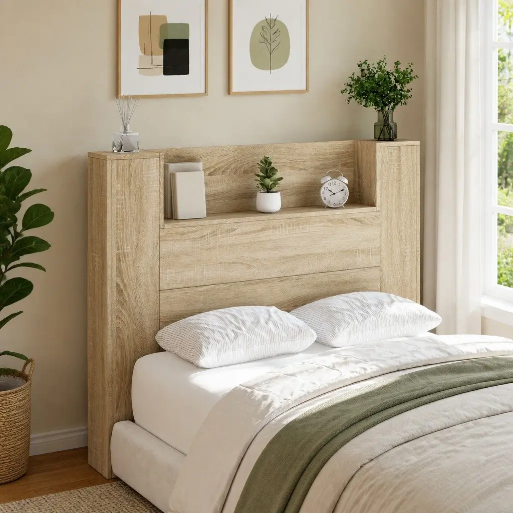Tan Wall-Mounted Headboard Cabinet with LED Lights