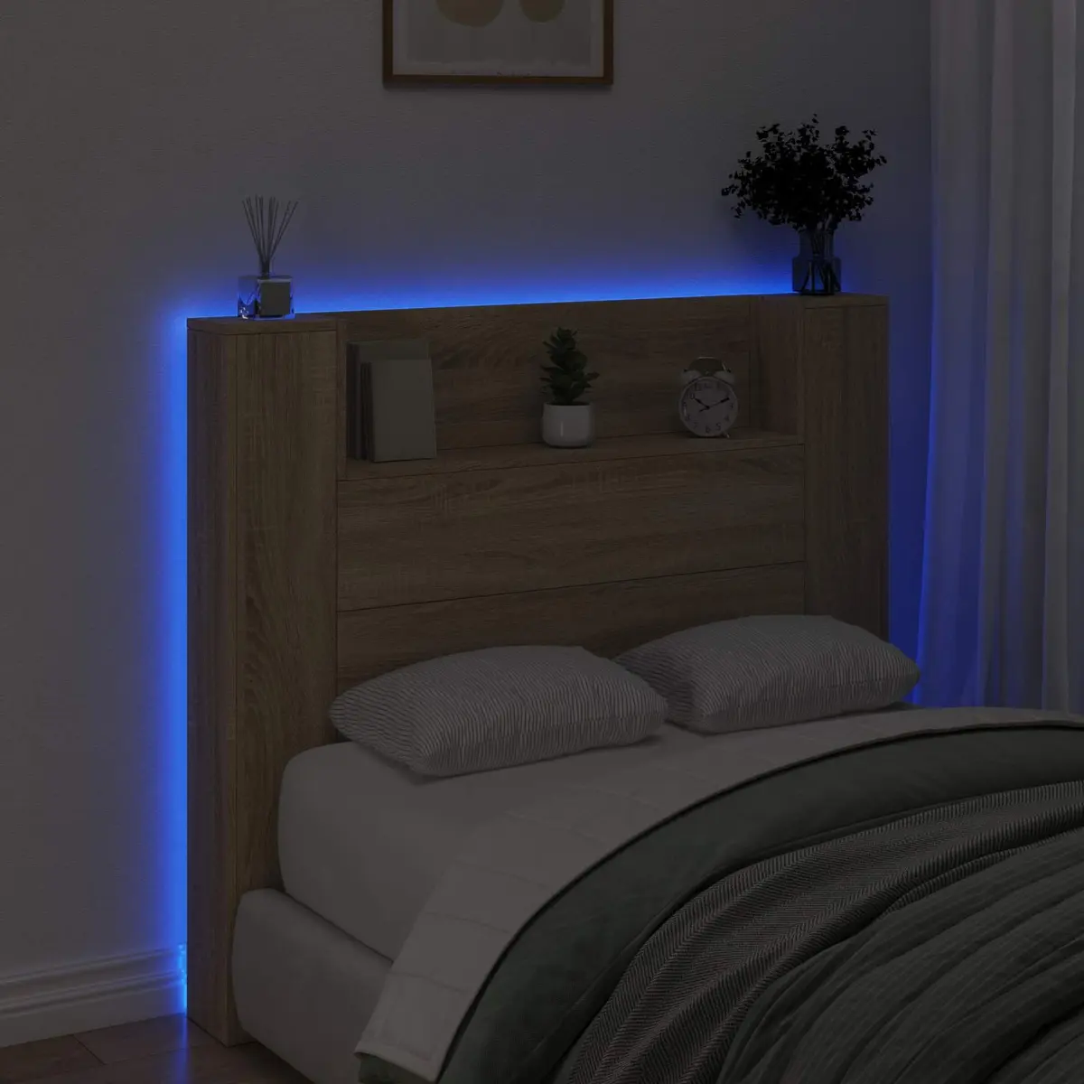 Tan Wall-Mounted Headboard Cabinet with LED Lights
