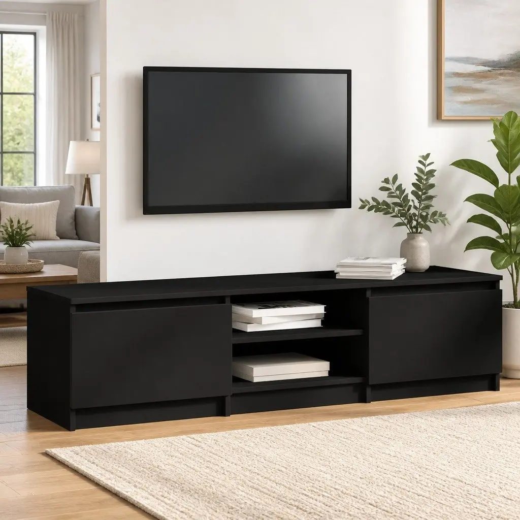 Black TV Cabinet with 2 Doors and Storage Compartments