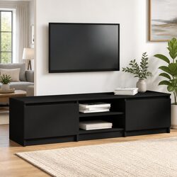 Durable Black TV Cabinet with 2 Doors and Storage Compartments