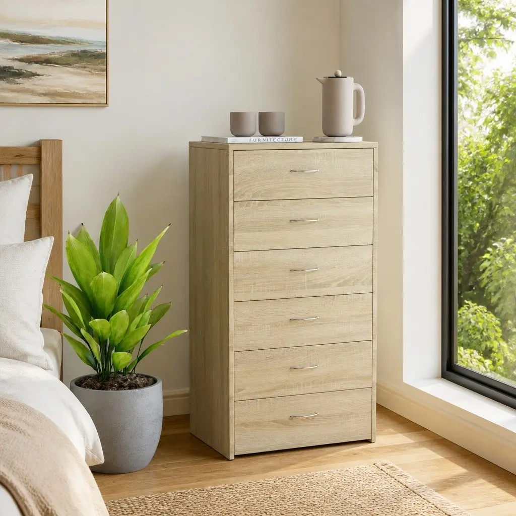 Sideboard Engineered Wood 50 x 34 x 96 cm Brown 6 Drawers Storage Cabinet Living Room Bedroom Furniture