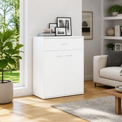 Sturdy White Storage Cabinet with 2 Doors and Drawer