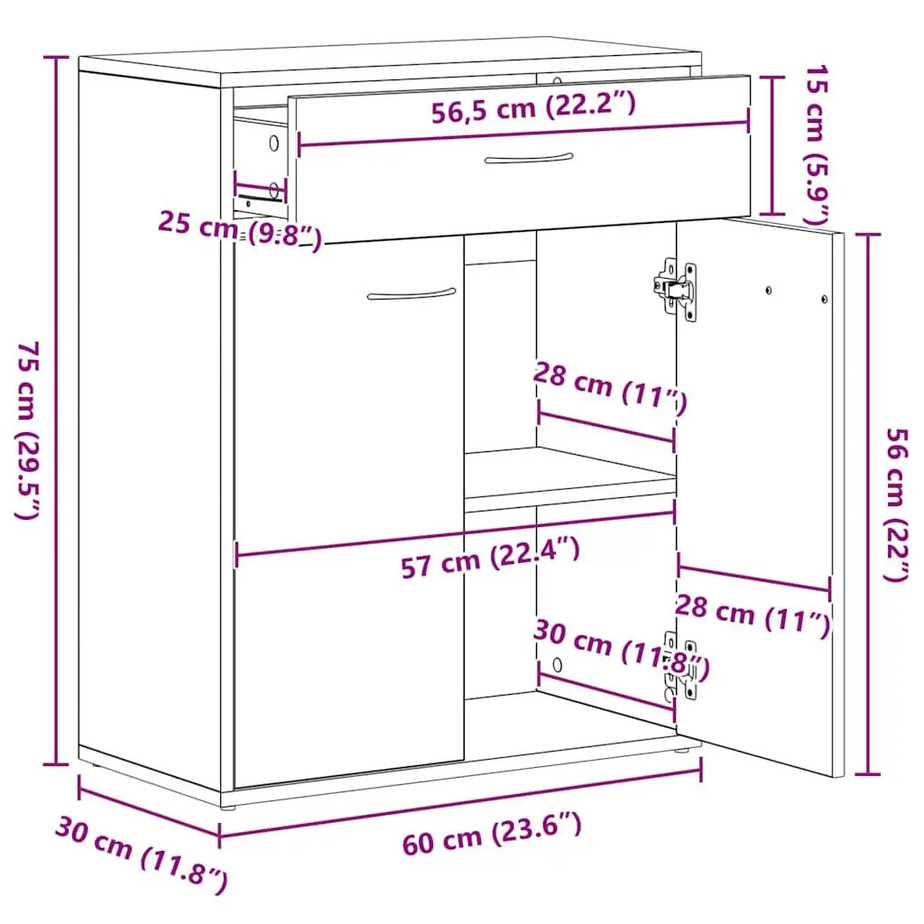 Sideboard Engineered Wood 60W x 30D x 75H cm White 2 Doors Drawer