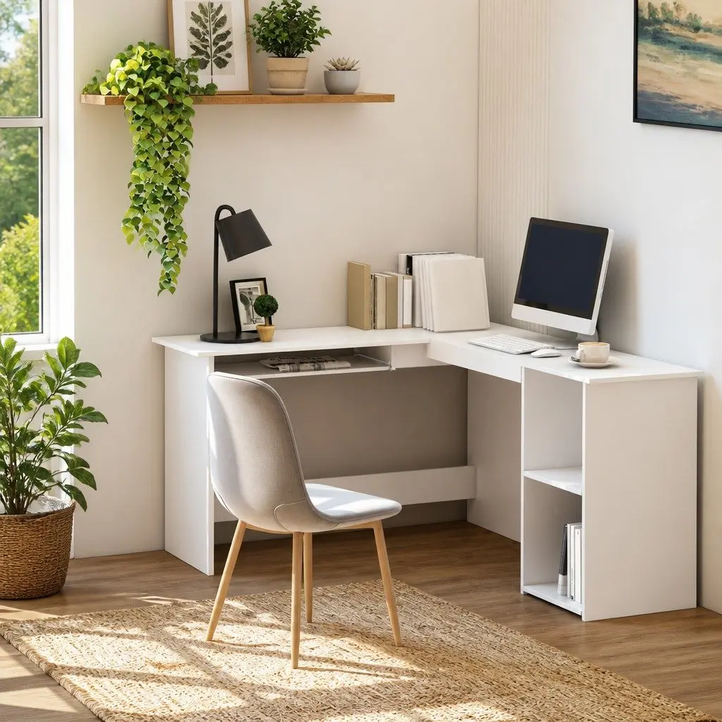White L-Shaped Corner Desk with Keyboard Tray