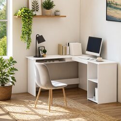 Modern White L-Shaped Corner Desk with Keyboard Tray