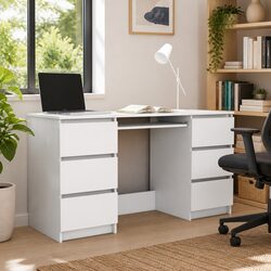 Sturdy White Writing Desk with 6 Drawers for Office