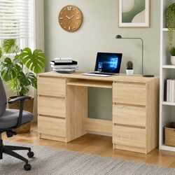 Brown Engineered Wood Writing Desk with 6 Drawers