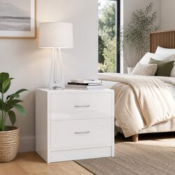 High Gloss White Bedside Cabinet with 2 Drawers