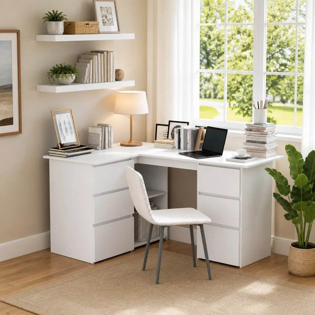 White Corner Desk with Storage for Home Office