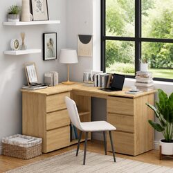 Corner Desk Brown Engineered Wood Office Workstation Storage Shelves Drawers