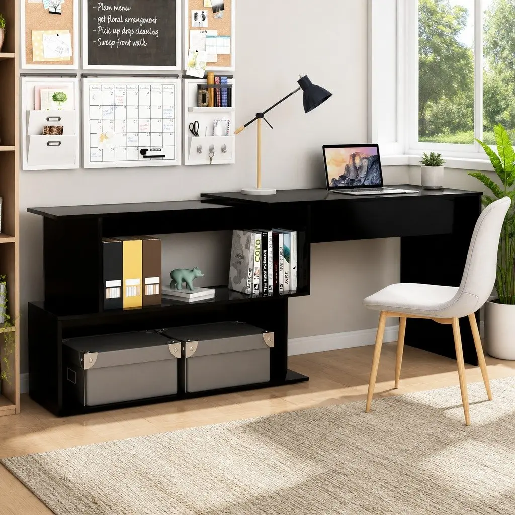 Corner Desk Rotatable Black Office Workstation Study Table Modern Storage