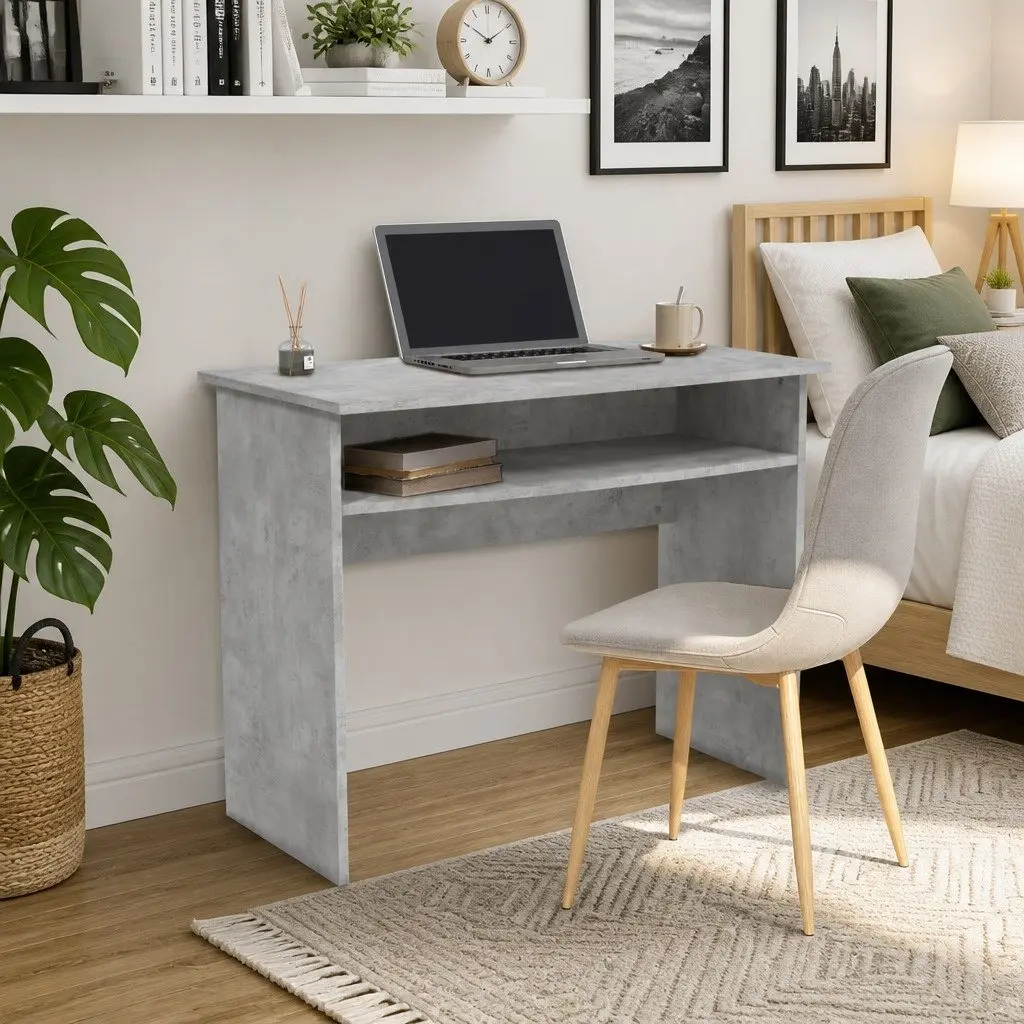 Grey Engineered Wood Computer Desk with Shelf