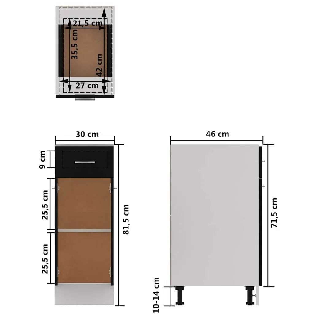 Black Kitchen Cabinet Drawer Bottom with Shelves