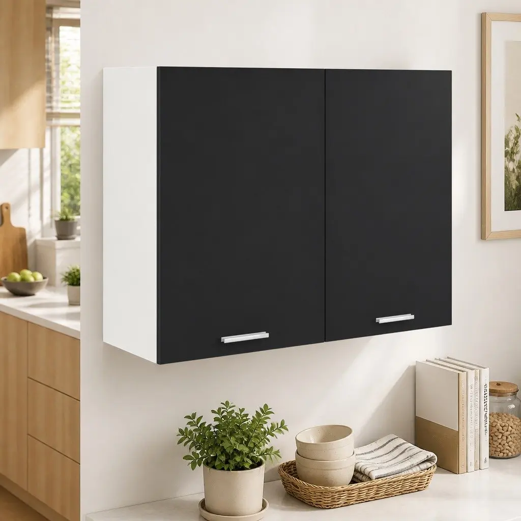 Black Hanging Kitchen Cabinet with Two Shelves