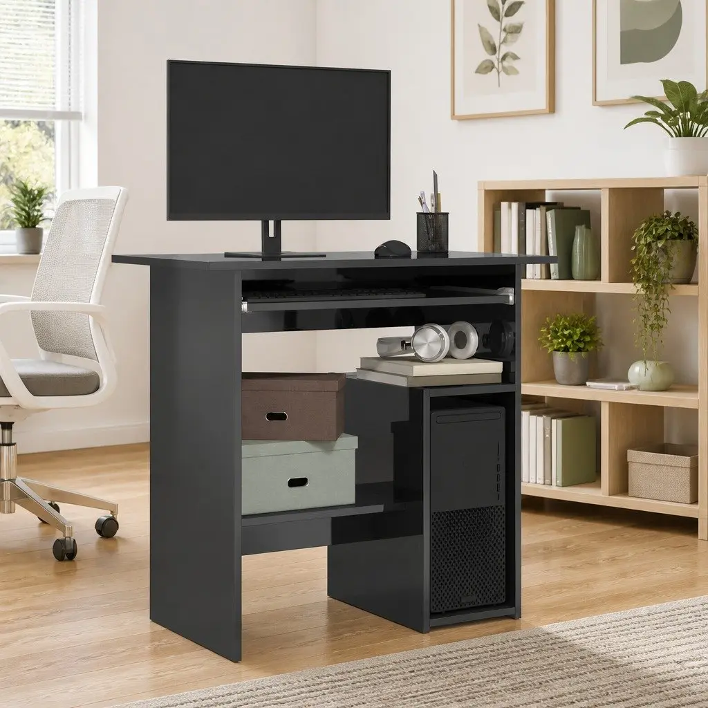 High Gloss Grey Computer Workstation with Keyboard Tray